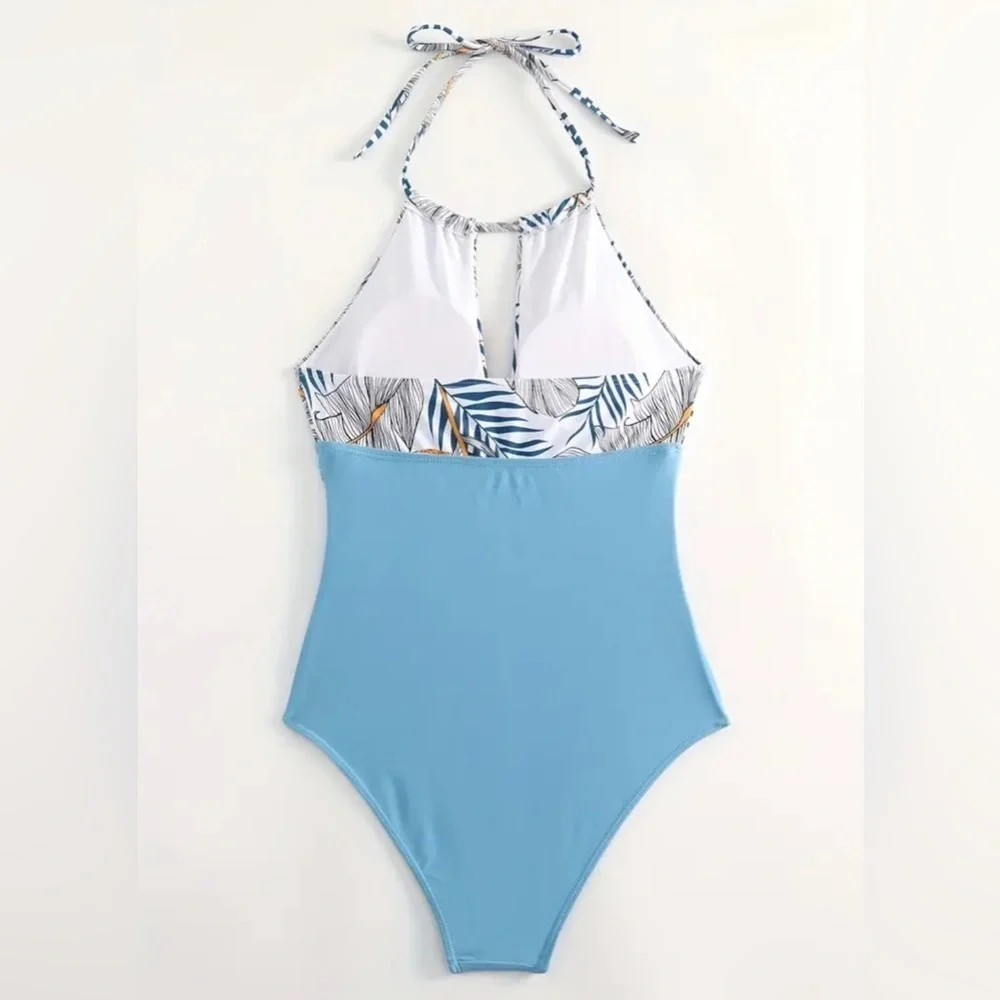 Womens Fashion Blue Leaf Print High Cut Halter One Piece Swimsuit XL